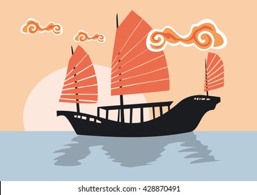 Silhouette of chinese junk ship