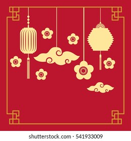 silhouette of chinese lanterns and flowers decorations hanging over red background. colorful design. vector illustration
