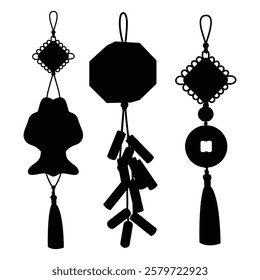 Silhouette of Chinese Ornaments and Hanging Lanterns