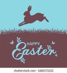 silhouette of chocolate jumping and running Easter Bunny and lettering happy Easter. holiday greeting card, vector illustration