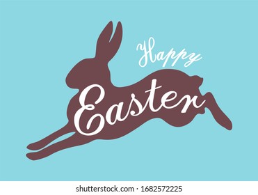 silhouette of chocolate jumping and running Easter Bunny and lettering happy Easter. holiday greeting card, vector illustration