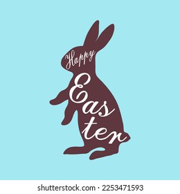 silhouette of chocolate jumping and running Easter Bunny and lettering happy Easter. holiday greeting card, vector illustration