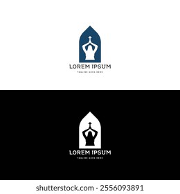 Silhouette of Christian Catholic Nun Hold Jesus Cross in Church Chapel for Religion Logo Design Vector