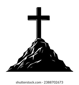 Silhouette of a christian cross on top of a rock. Vector illustration