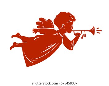 Silhouette Christmas Angel blowing a trumpet. Cherub, Heavenly messenger symbol. Religion vector illustration