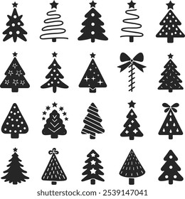  Silhouette Christmas Collection Of Decorated Trees. Merry Christmas And Happy New Year. Print On Custom T-shirts, Bags, Stationery, Poster And Stickers.