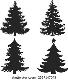  Silhouette Christmas Collection Of Decorated Trees. Merry Christmas And Happy New Year. Print On Custom T-shirts, Bags, Stationery, Poster And Stickers.