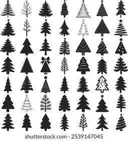  Silhouette Christmas Collection Of Decorated Trees. Merry Christmas And Happy New Year. Print On Custom T-shirts, Bags, Stationery, Poster And Stickers.