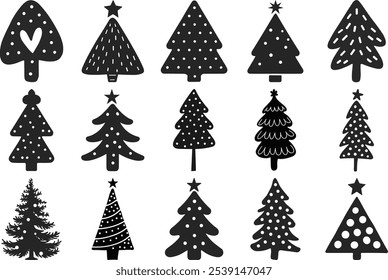  Silhouette Christmas Collection Of Decorated Trees. Merry Christmas And Happy New Year. Print On Custom T-shirts, Bags, Stationery, Poster And Stickers.