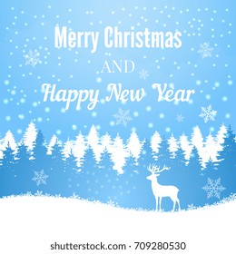 Silhouette of Christmas deer on winter forest background. Wintertime and christmas forest tree with mammal. Vector illustration