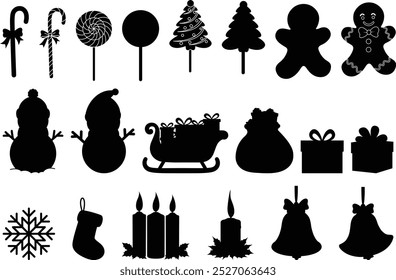 Silhouette of Christmas elements snowman, bell, gifts, candle, candy illustration, christmas decoration clip art