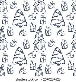 Silhouette of Christmas elf , spruce and gifts. Vector seamless pattern.