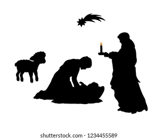 Silhouette Christmas family father Joseph mom Maria with baby Jesus