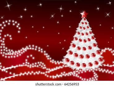 Silhouette of a Christmas fir-tree on dark red snow with snowflakes at the night