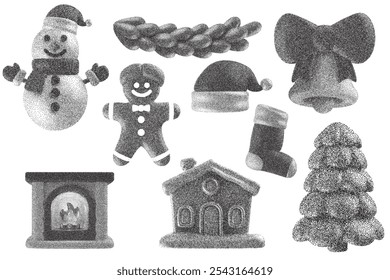 Silhouette christmas holiday elements in monochrome halftone or stippling style. Fireplace, xmas tree, snowman, gingerman. Set retro graphic toys with photocopy grunge effects. Vector illustration.