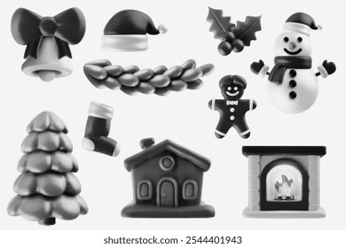 Silhouette christmas holiday elements in monochrome halftone or stippling style. Fireplace, xmas tree, snowman, gingerman. Set retro graphic toys with photocopy grunge effects. Vector illustration.