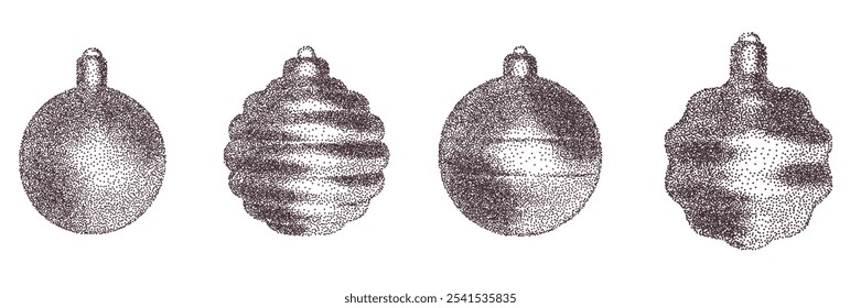 Silhouette christmas holiday toys in monochrome halftone or stippling style. Set retro graphic elements with photocopy grunge effects. Vector illustration.
