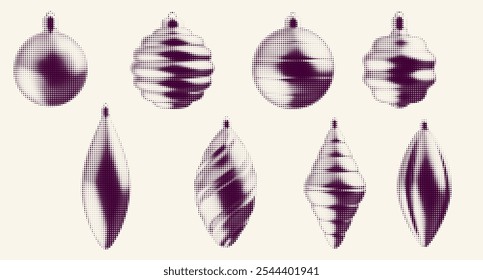 Silhouette christmas holiday toys in monochrome halftone or stippling style. Set retro graphic elements with photocopy grunge effects. Vector illustration.
