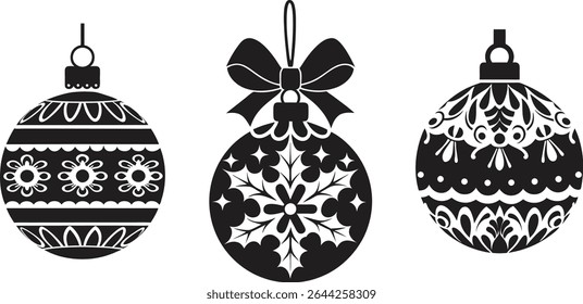 Silhouette of a Christmas ornament with intricate vector design, set of Christmas ball silhouette vector. flat Christmas ball black silhouette vector