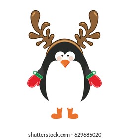 silhouette christmas of penguin with horns of reindeer vector illustration