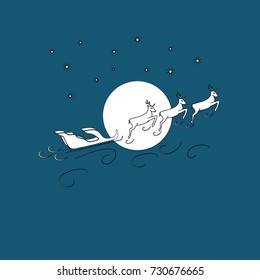 Silhouette christmas sledge claus and deer on blue background merry celebration symbol christmas. Colorful template for prints, textiles, card, label. Isolated graphic element Flat vector illustration