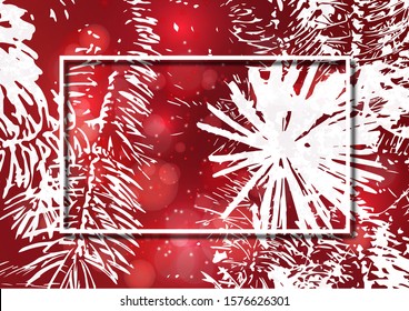 Silhouette of a Christmas tree branch on a bright colored background, glare, sparkle. Festive background for your design. Place for text. Vector illustration