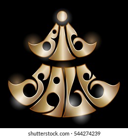 Silhouette Christmas tree, consisting of gold text BIG SALE on black background.