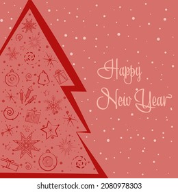 the silhouette of a Christmas tree dressed up inside on a pink background and snowfall