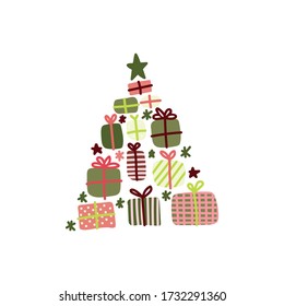 Silhouette of a Christmas tree from gift boxes on a white background. Flat vector illustration.