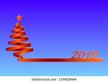 Silhouette of a Christmas tree from a gradient red ribbon with the number 2019