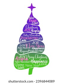 Silhouette of Christmas tree with Christmas inscriptions. Christmas and New Year greeting, calligraphic greeting card. Vector greeting illustration. Print for t-shirts, mugs, pillows, etc.