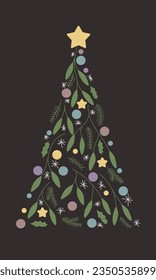 A silhouette of a Christmas tree made of presents, Christmas toys, mistletoe and holly leaves, vector illustration.