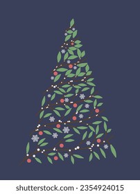 Silhouette of Christmas tree made of toys, mistletoe and snowflakes. Vector illustration.