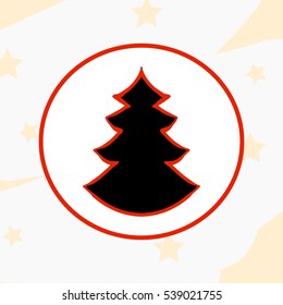 Silhouette of a Christmas tree on a white background with a red outline in the circle. Vector abstract emblem with wood