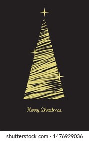 Silhouette of a Christmas tree with a star diagonal with geometric lines on a black background. Gold glitter effect. Vector illustration.