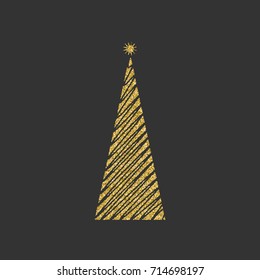 Silhouette of a Christmas tree with a star diagonal with geometric lines on a black background. Gold glitter effect. Vector illustration.