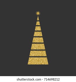 Silhouette of a Christmas tree with a star diagonal with geometric lines on a black background. Gold glitter effect. Vector illustration.