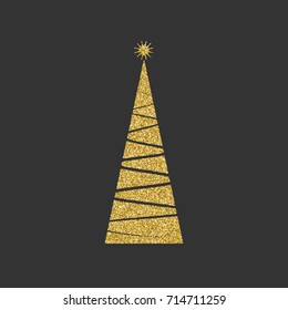 Silhouette of a Christmas tree with a star diagonal with geometric lines on a black background. Gold glitter effect. Vector illustration.