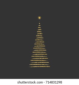 Silhouette of a Christmas tree with a star diagonal with geometric lines on a black background. Gold glitter effect. Vector illustration.