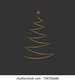 Silhouette of a Christmas tree with a star diagonal with geometric lines on a black background. Gold glitter effect. Vector illustration.