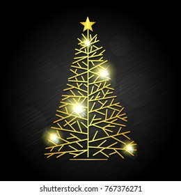 Silhouette of a Christmas tree with a star diagonal with black background.  Vector illustration.