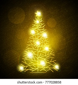 Silhouette of a Christmas tree with a star diagonal with black background. Gold glitter effect. Vector illustration.
