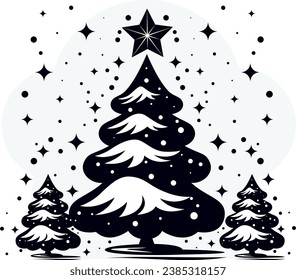 Silhouette of Christmas tree with stars and snowflakes. Vector illustration in black and white.