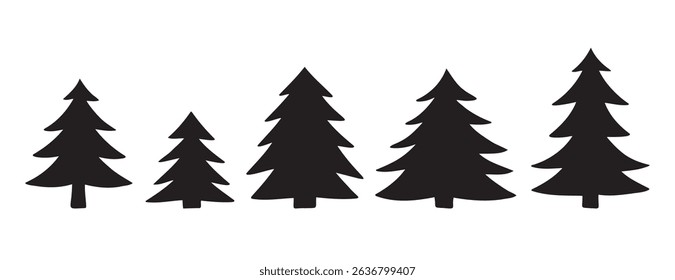 silhouette Christmas trees set. Hand drawn forest decorative element. Doodle silhouette trees for New Year and Christmas. Vector illustration