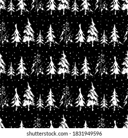Silhouette of Christmas trees and snowfall. Seamless pattern. Winter symbols collection. Vector Illustration.