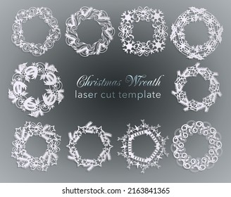 Silhouette of a Christmas wreath made of fir branches, ribbons, cones, stars, balls, snowflakes and a bow. Hanging decoration with the inscription - Merry Christmas. Vector template for laser cutting