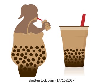 Silhouette of Chubby women drink pearl milk tea from straw in plastic glass flow into her body. Concept Illustration about an unhealthy lifestyle with high sugar drinks.