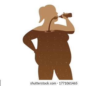 Die Silhouette der chubby Frauen trinken Erfrischungsgetränke aus der Flasche fließen in den Körper. Concept Illustration über einen ungesunden Lebensstil mit kalorienreichem Essen.