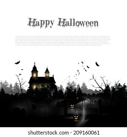 Silhouette of a church and cemetery in the woods - Halloween background with place for your text