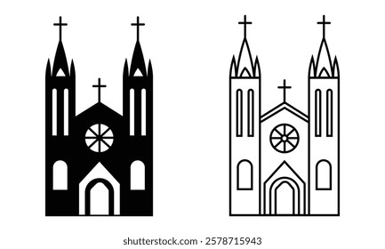 Silhouette of Church symbol, linear icon, cathedral isolated on white background. Church icon, vector design.  Building, Religion icon,  Pray Build icon. Vector Illustration.